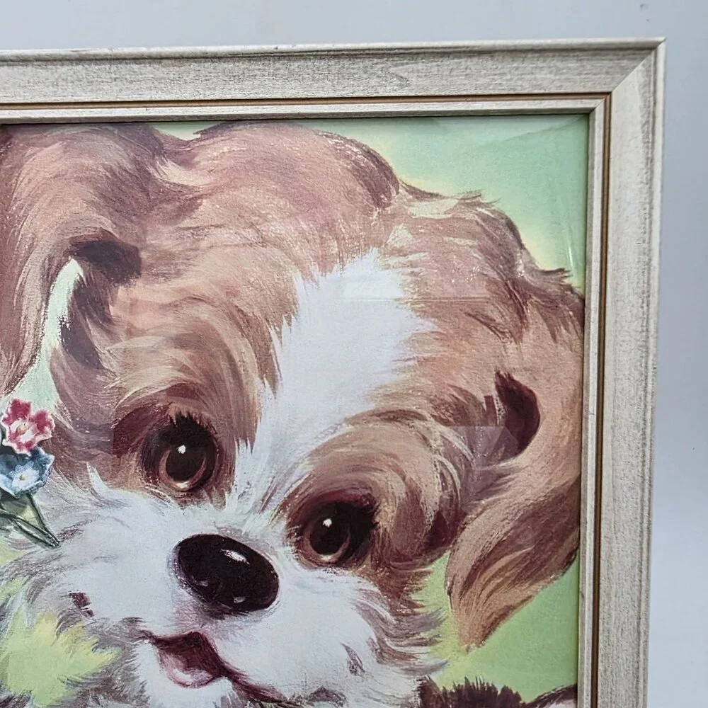 Vintage Framed Puppy & Kittens Print Wall Art Retro Illustration Wooden Frame 50